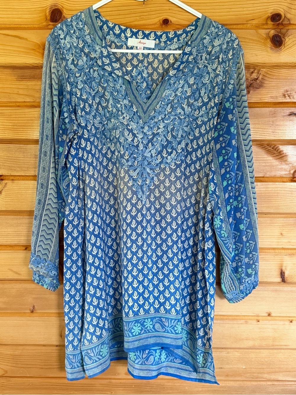 Amaya 100% Silk Blue Printed Embroidered Tunic Size Medium/40